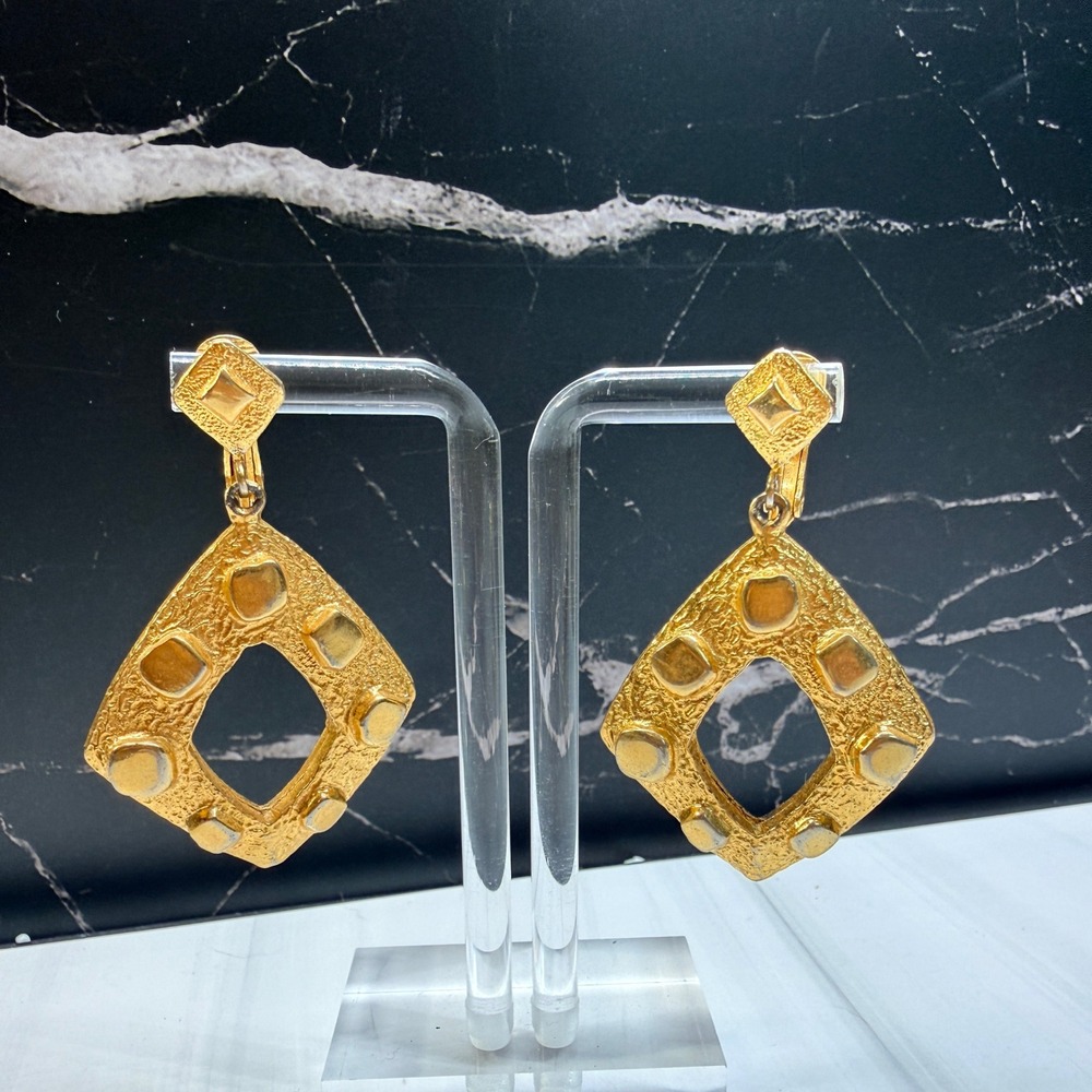 Vintage Roget Gold Tone Textured Geometric Diamond Door Knocker Pierced Earrings
